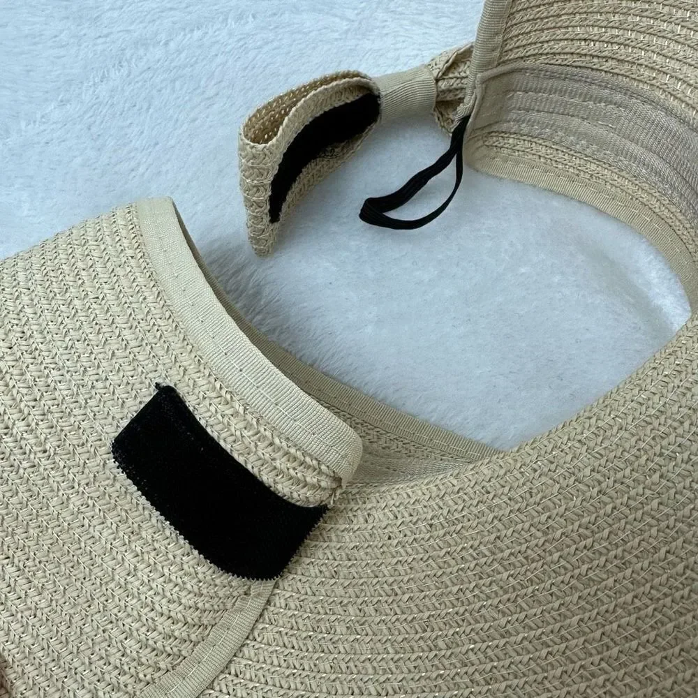 Boutique Women's Roll Up Visor‎ Hat Beige Tan 100% Paper Woven Sun Protection